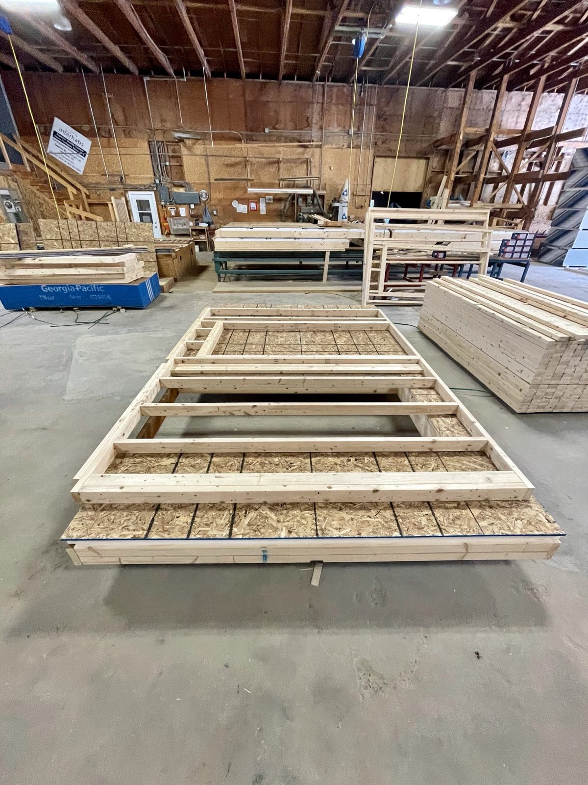 Wall panels being framed on the Interhabs shop floor